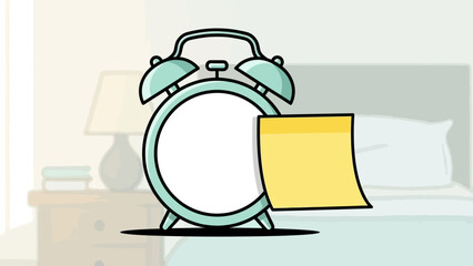 Cartoon Alarm Clock With Paper Note In Bedroom.