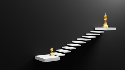 Golden king and pawn chess pieces on white stairs leading to success with copy space 3D render