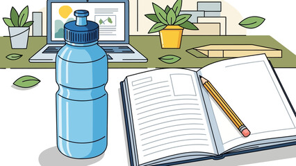 Cozy study desk setup with notebook and water bottle.