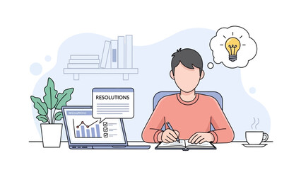 Focused Person Writing at Desk with Laptop and Plant.