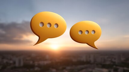 Two golden speech bubbles symbolize communication against a blurred cityscape at sunrise