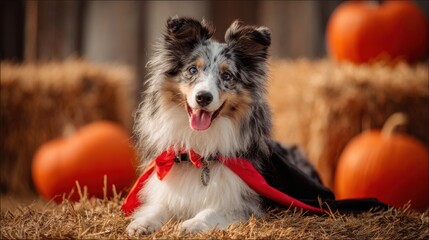 Adorable dog in a superhero cape sitting on hay with pumpkins, showcasing autumn spirit and joy in a charming countryside setting