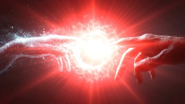 Two fingers are coming together and red gamma rays are coming out of the center of the fingers.