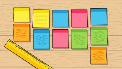 Colorful Sticky Notes Arranged on Wooden Desk with Ruler.