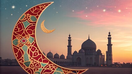 Mosque and Crescent Moon at Dusk for Islamic Celebration, Spiritual Landmark, Sacred Architecture, Festive Atmosphere, AI Generated