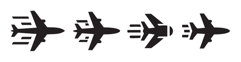 Obraz premium Four black airplane icons representing fast air travel and global transportation, symbolizing speed, movement, and efficient delivery services for various industries.