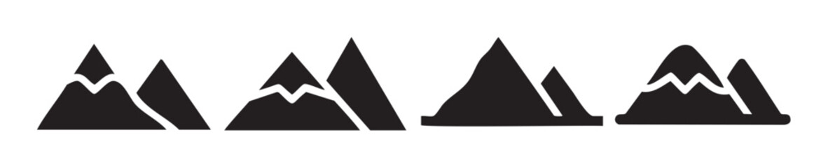 Four distinct mountain icons are presented in a minimalist black and white vector illustration, depicting various peak shapes and snow-capped designs suitable for outdoor adventure themes.