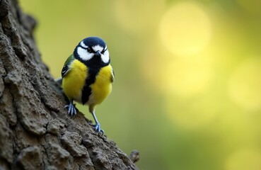 Naklejka premium Small blue tit bird with yellow belly perched on rough tree trunk. White face markings, black crest, dark beak, blue wings. Blurred green yellow background creates bokeh.