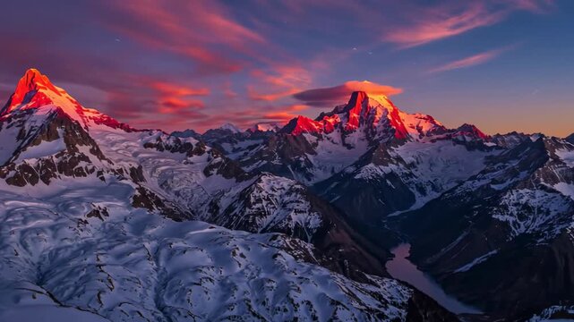 Stunning golden alpenglow illuminating the jagged ridges and pristine snowfields of the majestic high alps at sunset with vibrant colors pink, orange, golden