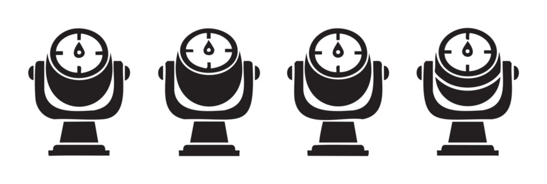 Four coin operated binoculars standing in a row for scenic observation and sightseeing at popular tourist destinations, offering a panoramic view.