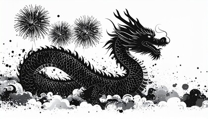 Dynamic black dragon illustration with festive fireworks and ink splatters. Ideal for cultural celebrations.