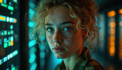 Young woman with curly hair and freckles in military clothes looks at camera with thoughtful expression near blinking server racks. Digital technology background with glowing lights in command center.