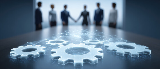 Confident business professionals shaking hands near gears showing collaborative teamwork