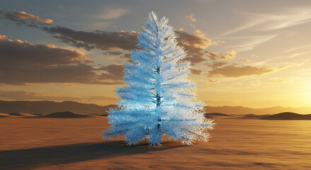 Winter Christmas Tree in Desert Sunset Landscape