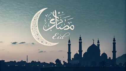 Eid Mubarak Celebration with Mosque and Crescent Moon, Spiritual Festivity, Islamic Architecture, Sacred Tradition, Cultural Design, AI Generated