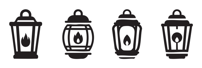 Four stylized black and white lanterns with glowing flames offer a versatile collection of vintage and modern light source icons for various design projects.