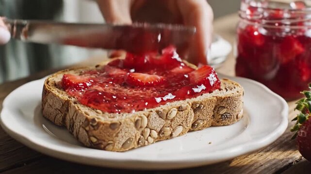 Spreading Strawberry Jam on Toast - A Delicious Breakfast Treat.
