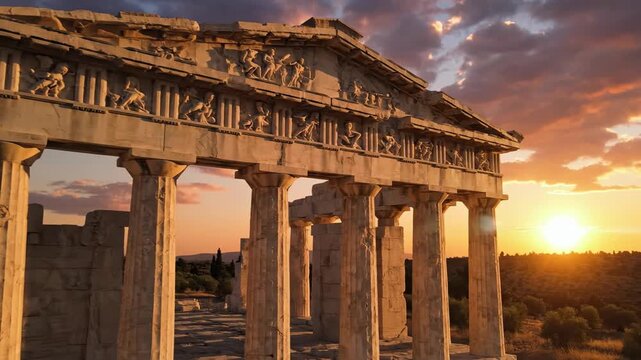 Stunning golden hour cinematic pan across the weathered pediment and remaining entablature of an ancient Greek temple ruin at sunset time passing, remaining entablature, historical artifact