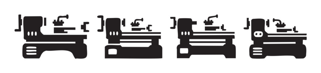 Fototapeta premium Industrial lathe machines are presented as a set of four black silhouette icons, showcasing various types of metalworking equipment.