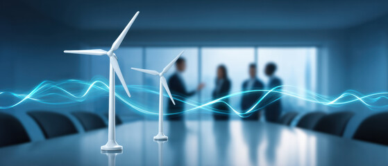 Focused business professionals planning renewable wind energy turbine strategy corporate office