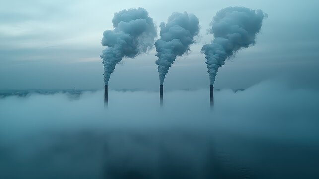 Three plumes of white smoke, billowing from towering industrial chimneys, pierced the overcast sky, painting a dramatic scene of human industry against the vast expanse of the atmosphere, a 