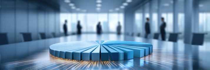 Successful business professionals analyzing blue pie chart data strategy