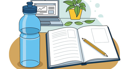 Study Desk Essentials with Notebook Water Bottle and Plant.