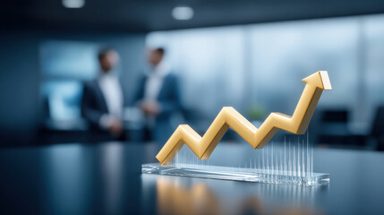Successful business professionals viewing golden financial growth arrow graph rising