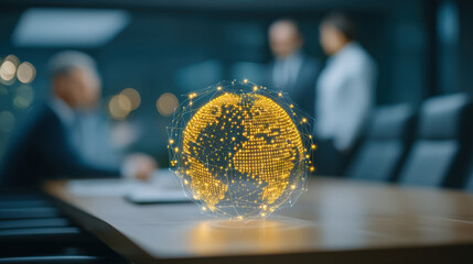 Global business technology with gold earth hologram and professionals discussing