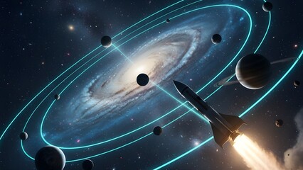 Futuristic spacecraft flying through a stylized galaxy with glowing planetary orbits and celestial bodies, digital art space exploration concept.