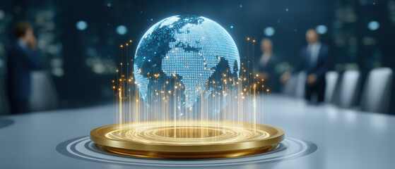 Connected business professionals plan global technology future with digital innovation network