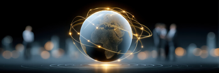 Global business professionals network with futuristic digital earth concept