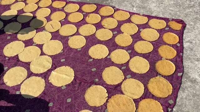 Traditional Indian Corn Papadum (Makki Papad) Drying in the Sun on a Purple Fabric