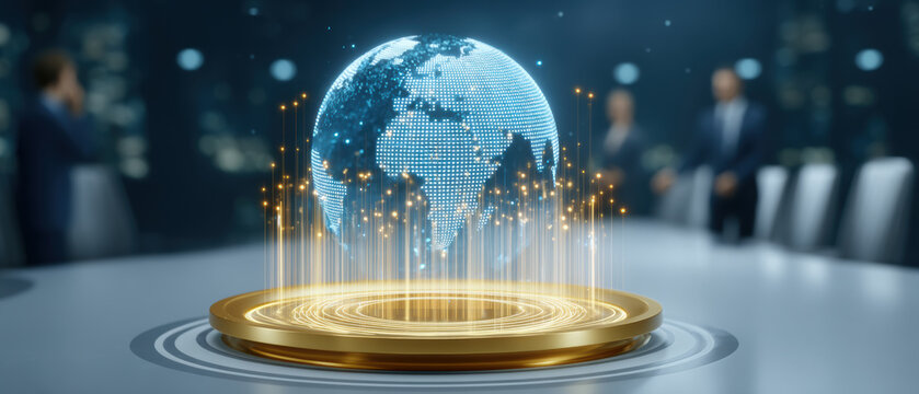 Connected business professionals plan global technology future with digital innovation network - Powered by Adobe