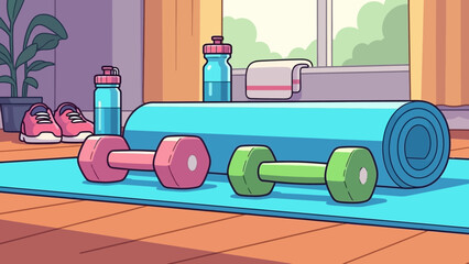 Bright Home Gym Setup with Dumbbells and Mat.