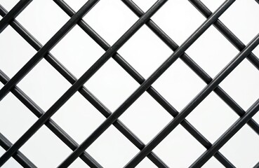Black metal diagonal grille texture close-up. Intersecting bars form a diamond pattern, creating a strong abstract background for graphic design. Grid structure offers security and industrial feel.