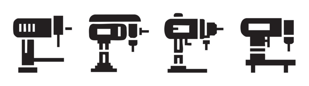 Four black silhouette drill presses and power tools are depicted as industrial equipment icons, representing manufacturing, construction, and workshop tasks.