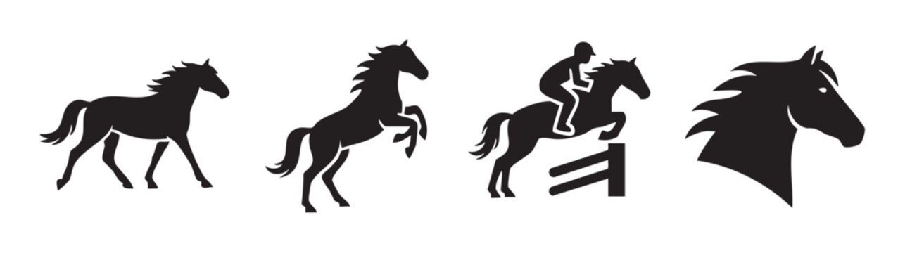 Horse silhouettes depicting various poses and equestrian activities, including walking, rearing, jumping with a rider, and a detailed head profile.
