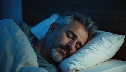 Mature man sleeps peacefully on white pillow in dark bedroom. He enjoys deep slumber in comfortable bed. Restful night fosters healthy body and mind. Tranquil repose for better well-being.