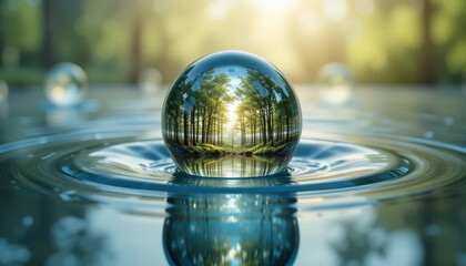 Crystal ball reflecting serene forest scene with sunlight filtering through trees, floating on calm water surface, creating ripples. image evokes tranquility and harmony with nature