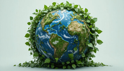 Globe wrapped in lush green vines symbolizes environmental conservation and interconnectedness of nature. vibrant leaves emphasize importance of sustainability and ecological balance