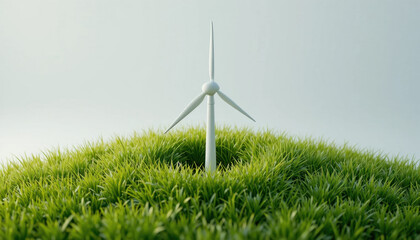 Small wind turbine stands amidst lush green grass, symbolizing renewable energy and sustainability. serene setting highlights harmony between technology and nature