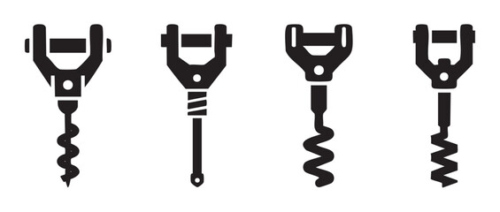 Four different black silhouette corkscrews are depicted as a collection of minimalist icons, perfect for illustrating wine opening tools.