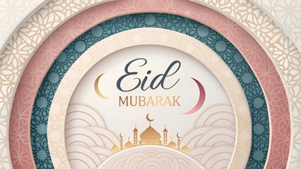 Elegant Eid Mubarak Greeting Card Design with Mosque and Crescent, Spiritual Celebration, Islamic Festive Scene, Sacred Artwork, AI Generated