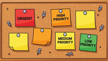 Colorful Priority Sticky Notes on Corkboard for Task Planning.