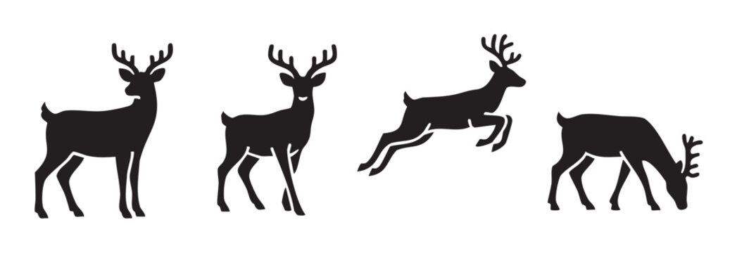 Four different deer silhouettes with antlers in various poses, including standing, jumping, and grazing, representing wildlife and nature.