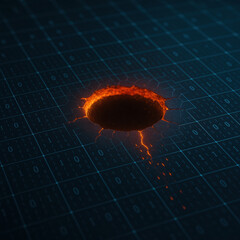 Conceptual cybersecurity illustration symbolizing a zero-day attack as a dark data hole breaching a digital system, representing unknown vulnerabilities, hidden threats, and sudden data exposure in mo