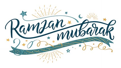 Ramzan Mubarak Festive Calligraphy Greeting with Stars and Ribbons, Spiritual Celebration, Islamic Design, Sacred Ornamentation, AI Generated
