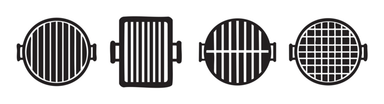 Barbecue grill grates are illustrated in a collection of black and white vector icons, showcasing various shapes and grid patterns.