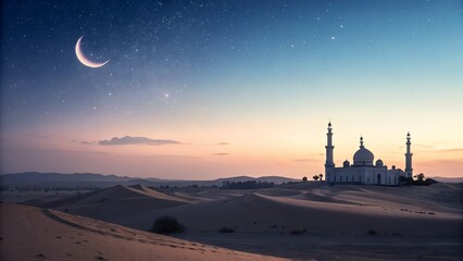 Mosque in Desert under Crescent Moon and Starry Sky, Spiritual Landscape, Sacred Islamic Scene, Peaceful Night, Islamic Architecture, AI Generated